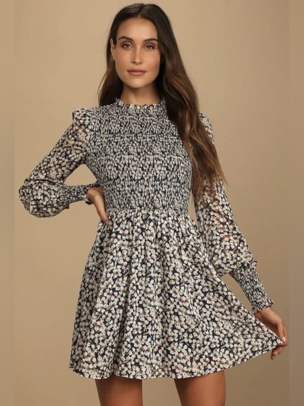 NWT Women’s LULU’S Floral Forever Navy Blue Floral Print Smocked Dress- Size S